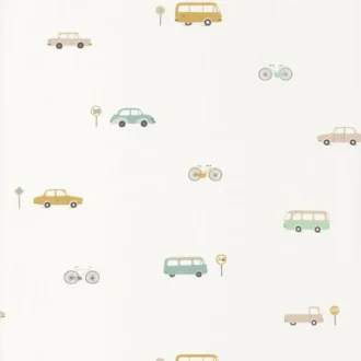 Обои - Casadeco - HAPPY DREAMS - Vintage cars - Menthe/vert (арт. 82777317)